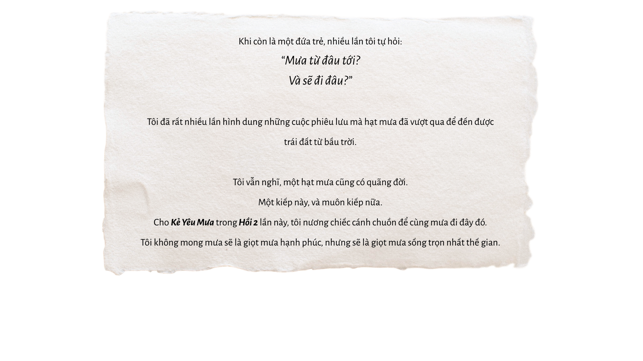 Vietnamese poem printed on a torn parchment discussing where rain comes from and where it goes, on textured paper.