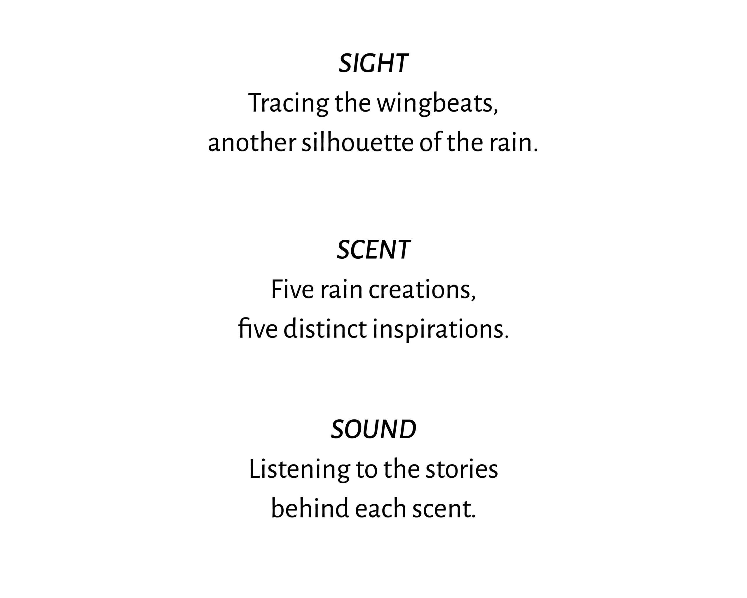 White page with bold headings SIGHT, SCENT, and SOUND and short sensory phrases: 'Tracing the wingbeats, another silhouette of the rain'; 'Five rain creations, five distinct inspirations'; 'Listening to the stories behind each scent.'