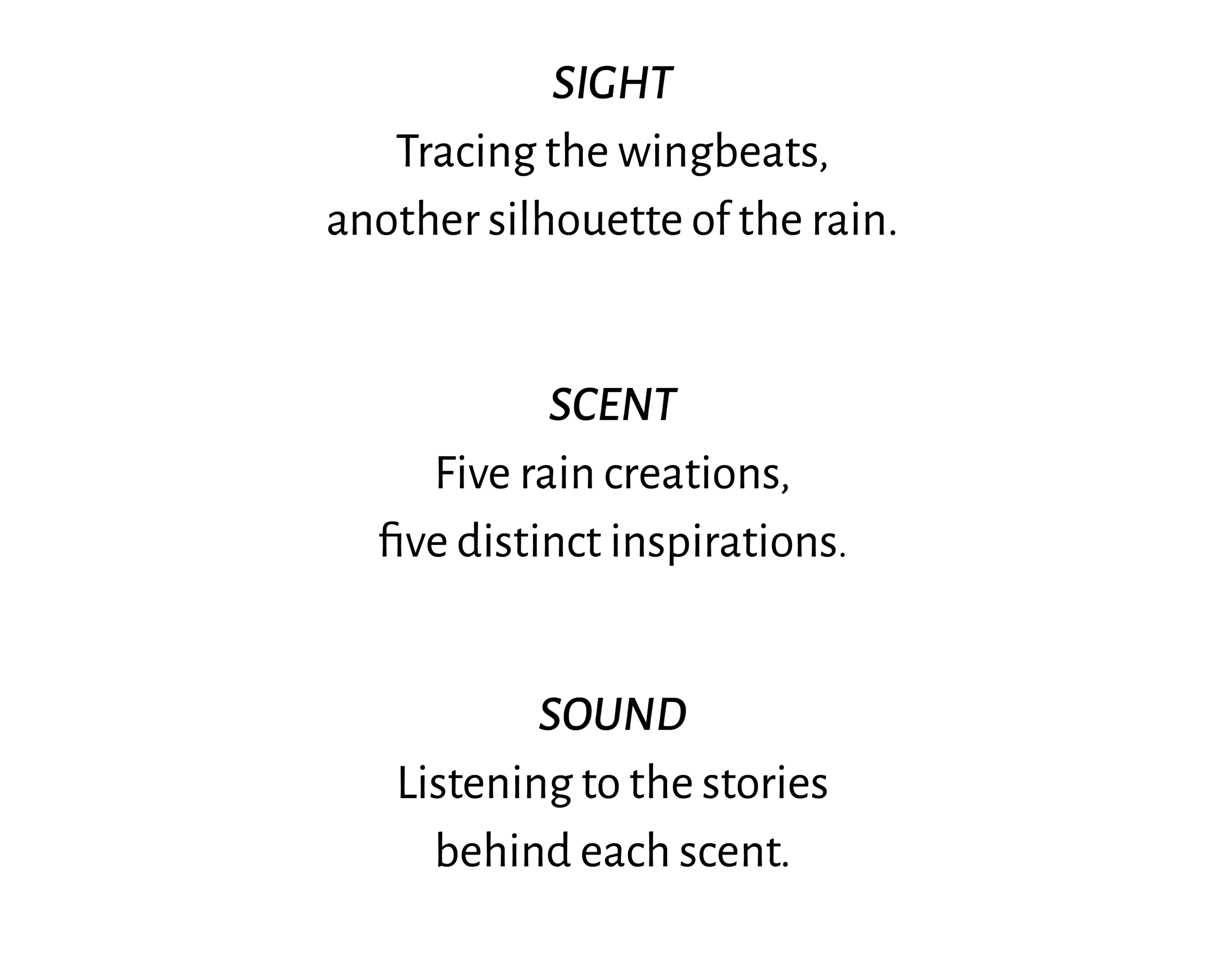 Infographic-style text block listing the senses (Sight, Scent, Sound) with poetic phrases about perception and listening.