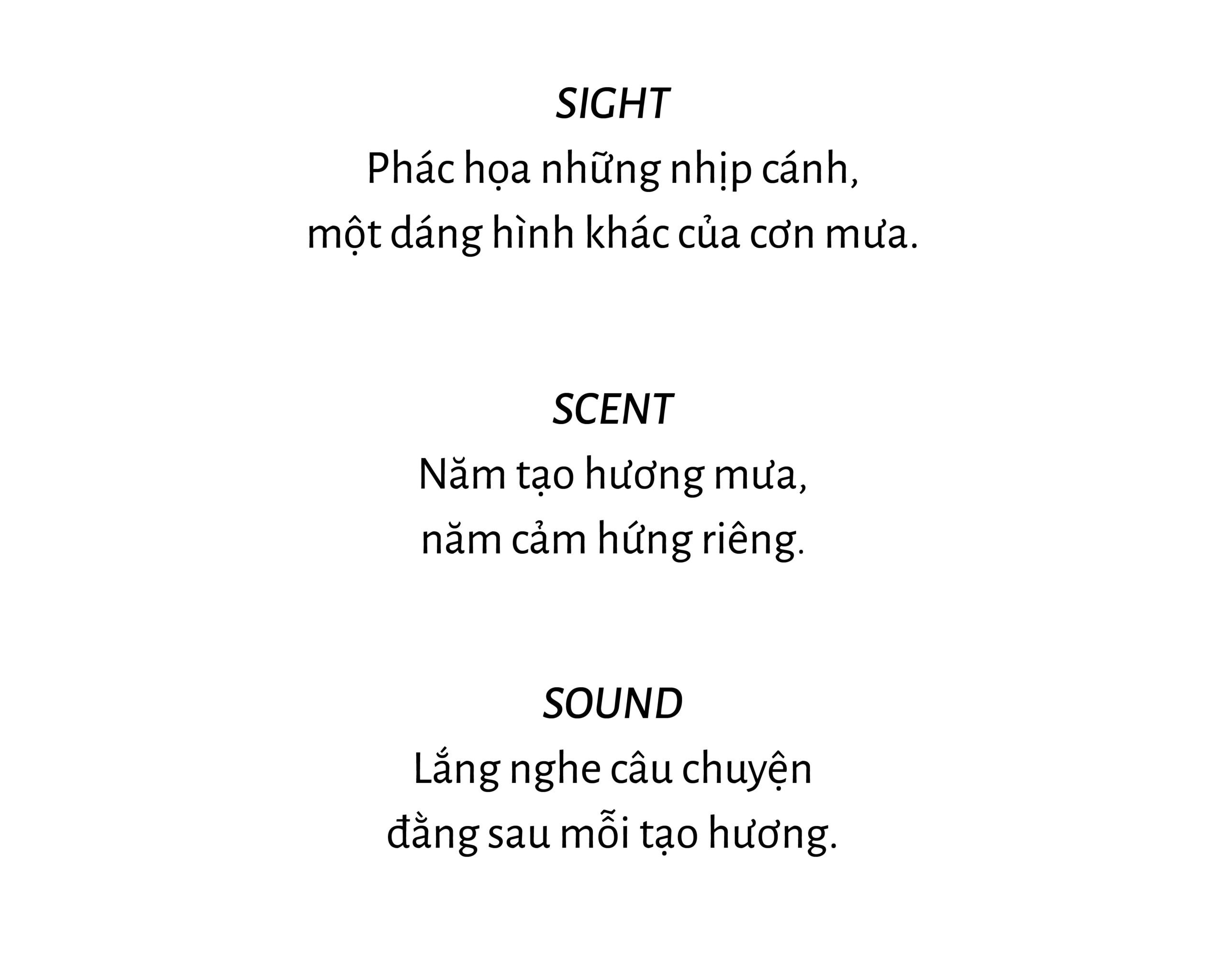 Typography page showing the senses—headings 'SIGHT' and 'SCENT' with Vietnamese poetic lines about sight, scent, and rain; primarily text on a white background.