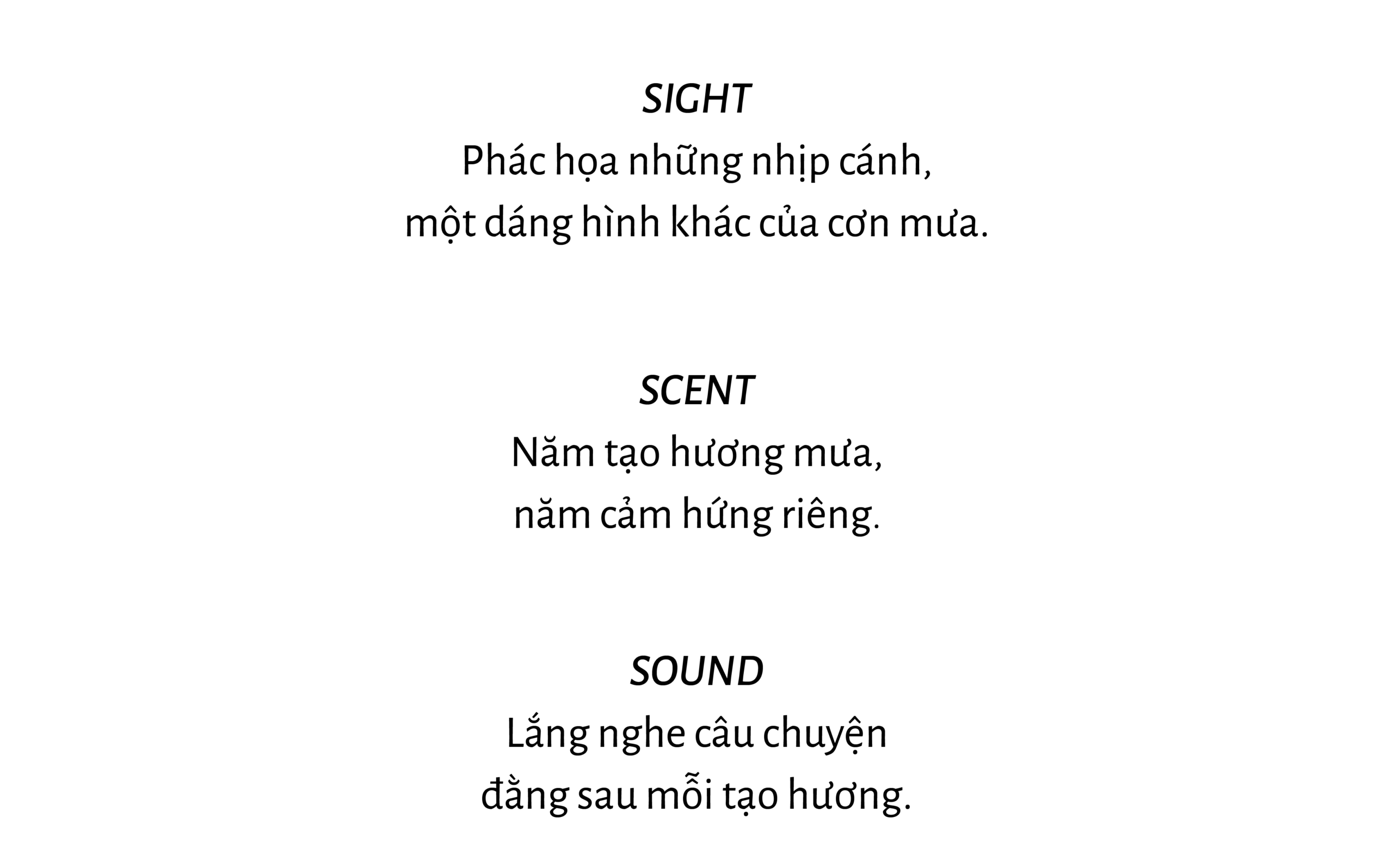 Typography-based montage with headings SIGHT, SCENT, SOUND and Vietnamese lines about rain-inspired perception (sight, scent, sound).