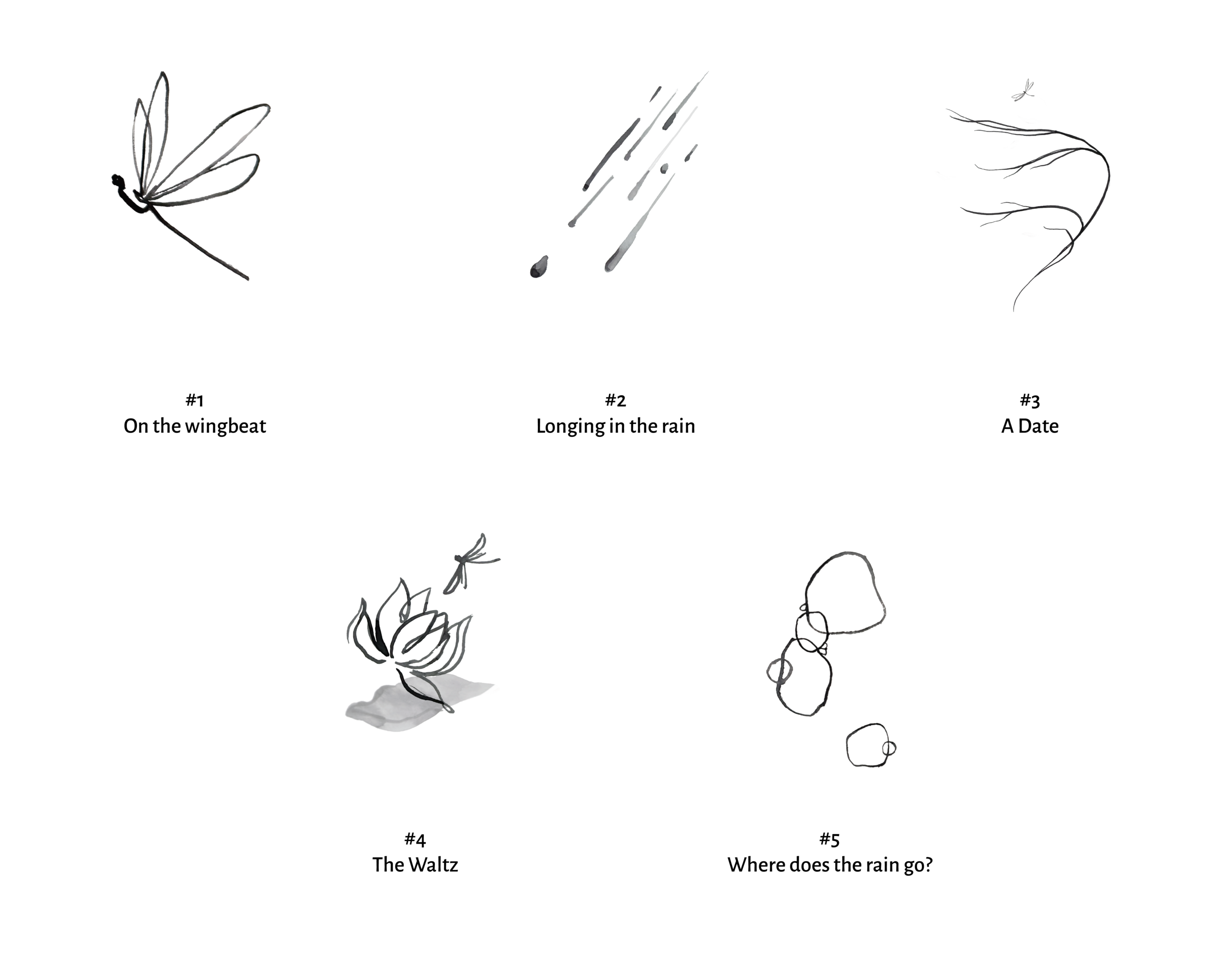 Minimalist ink sketch of a dragonfly in flight, captioned 'On the wingbeat'.