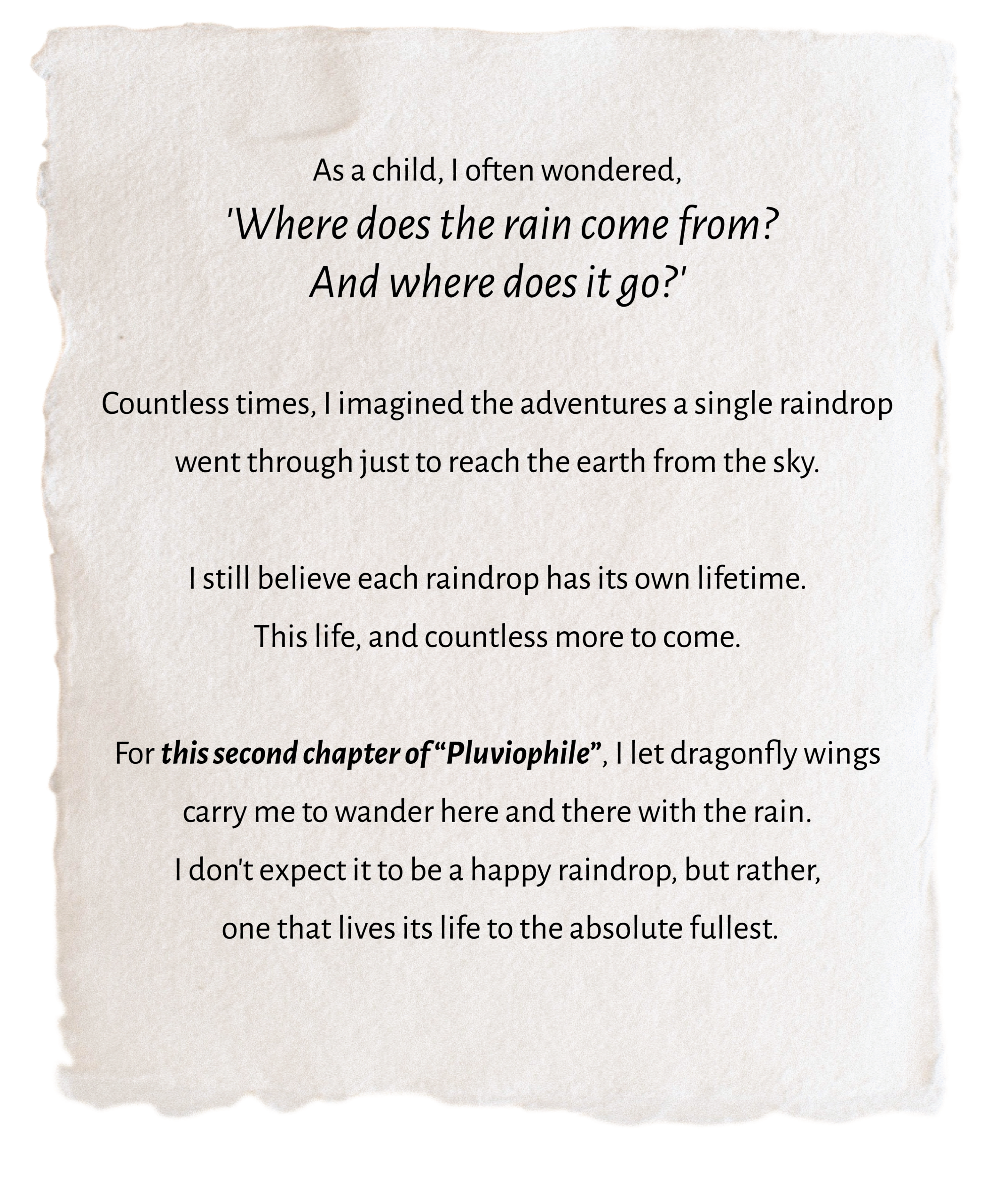 Page of a handwritten/printed poem on parchment with multiple quoted lines about rain and raindrops.