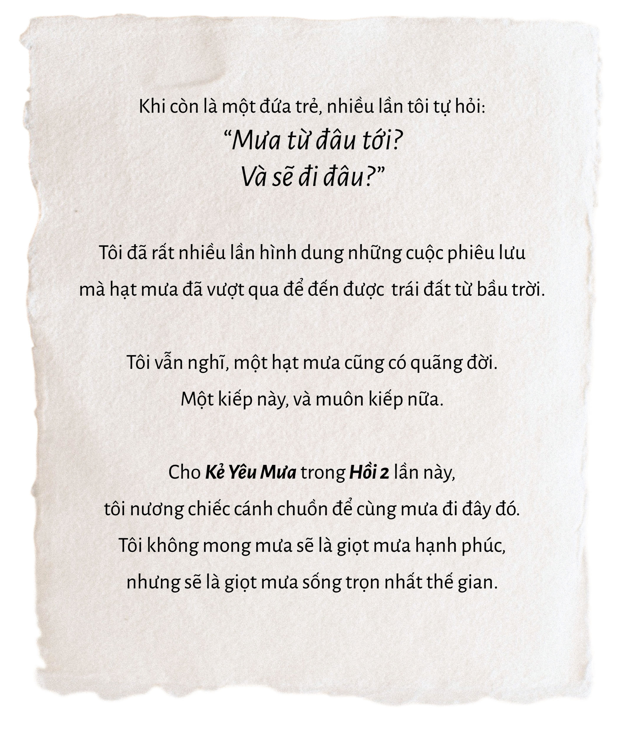 Parchment-style page with Vietnamese text about a child wondering where rain comes from and where it goes.