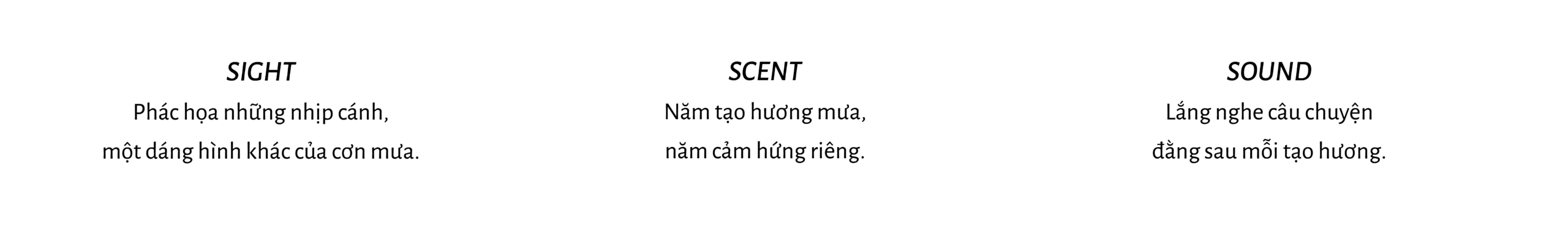 Infographic showing three senses: Sight, Scent, and Sound, each with Vietnamese descriptions beneath the headings.